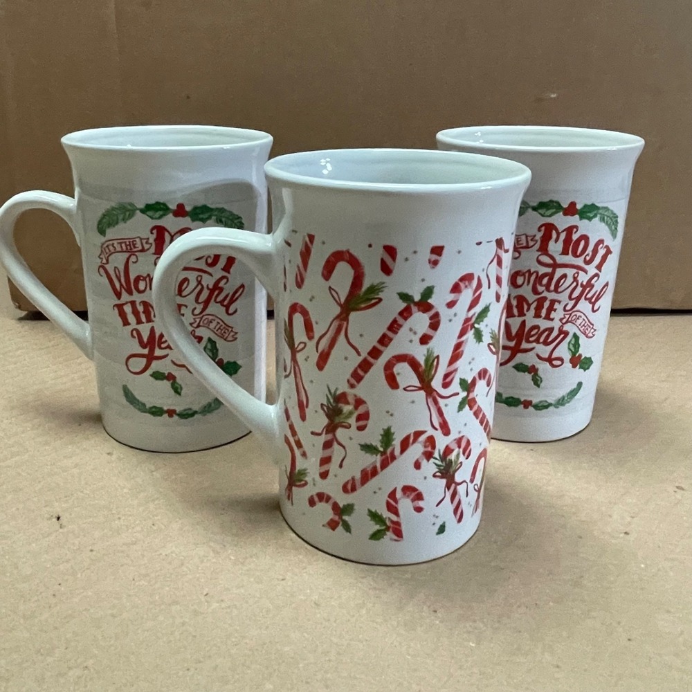 Royal Norfolk Set of 3 Ceramic Candy Cane & Wonderful  Mug Holiday Coffee‎ Cup